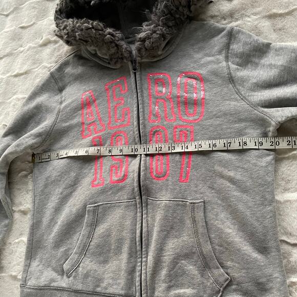 🔥Aeropostale Y2K Faux Fur Hood Sequins Spell Out Full Zip Gray Sweatshirt Sz XL - Picture 13 of 16